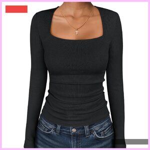 Long Sleeve Ribbed Knit Square Neck Slim Fit Basic Top